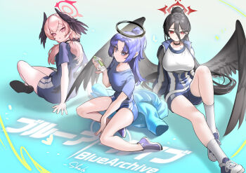 3girls absurdres black_choker black_hair black_wings blue_archive blue_jacket blue_shoes blue_shorts bottle breasts choker closed_mouth commentary_request feathered_wings gym_shirt gym_shorts gym_uniform hair_between_eyes halo hasumi_(blue_archive) hasumi_(track)_(blue_archive) head_wings high_ponytail highres holding holding_bottle jacket koharu_(blue_archive) large_breasts long_hair looking_at_viewer low_wings mechanical_halo mole mole_under_eye multiple_girls official_alternate_costume partially_unzipped pink_eyes pink_hair ponytail purple_eyes purple_hair red_eyes red_halo shale shirt shoes short_sleeves shorts sitting sneakers socks track_jacket twintails white_shirt white_socks wings yuuka_(blue_archive) yuuka_(track)_(blue_archive)