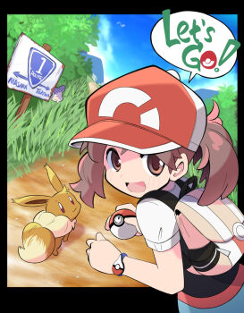 1girl :3 :d backpack bag baseball_cap blue_sky brown_eyes brown_hair cloud day eevee elaine_(pokemon) gen_1_pokemon grass hat highres holding holding_poke_ball kanto_route_1 legendary_pokemon mew_(pokemon) mythical_pokemon nintendo open_mouth outdoors path poke_ball poke_ball_(basic) pokemon pokemon_(creature) pokemon_lgpe ponytail rascal_(feuille) rattata red_hat road short_hair short_sleeves sign sky smile solo speech_bubble two-tone_headwear white_hat