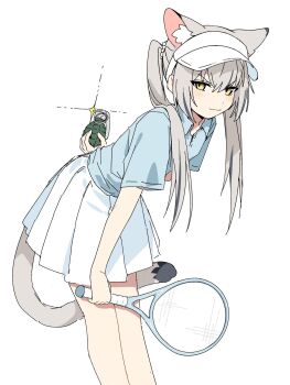 1girl animal_ear_fluff animal_ears bare_legs blue_shirt cat_ears cat_girl cat_tail commentary english_commentary explosive extra_ears glint go!_go!_gris! grenade grey_hair highres holding holding_tennis_racket leaning_forward long_hair looking_at_viewer pleated_skirt racket shirt short_sleeves simple_background skirt smirk solo standing tail tennis_racket twintails v-shaped_eyebrows vertigris viska_(go!_go!_gris!) visor_cap white_background white_skirt yellow_eyes