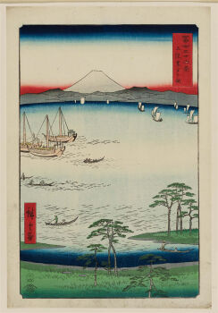 19th_century 6+boys ando_hiroshige blue_sky boat coast fine_art_parody gradient_sky grass hat highres japan lake mount_fuji mountain multiple_boys nihonga oar original outdoors parody red_sky rock rowboat rowing sail scenery sky straw_hat thirty-six_views_of_mount_fuji_(hiroshige) traditional_media translation_request tree ukiyo-e volcano water white_sky