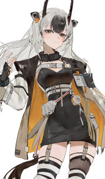 1girl absurdres animal_ears arknights belt black_dress black_gloves black_hair black_thighhighs bracelet breasts brown_horns character_name cleavage commentary covered_navel cowboy_shot double-parted_bangs dress ear_tag expressionless fanny_pack fingerless_gloves garter_straps gazelle_ears gazelle_girl gazelle_horns gazelle_tail gloves grey_eyes grey_hair hadiya_(arknights) high_belt high_collar highres horns impasto impossible_clothes impossible_dress infection_monitor_(arknights) jewelry lanyard long_hair looking_at_viewer medium_breasts mole mole_under_eye multicolored_hair multiple_moles pencil_dress ren_er_nu_zi_kou_gui short_dress simple_background skindentation solo spaghetti_strap striped_clothes striped_thighhighs symbol-only_commentary thighhighs two-tone_hair white_background white_thighhighs