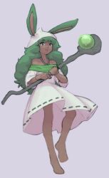Rule 34 | 1girl, animal ears, barefoot, commentary, dark-skinned female, dark skin, dress, druid rabbit, english commentary, expressionless, full body, green eyes, green hair, grey background, holding, holding staff, long hair, looking at viewer, mage staff, medium bangs, off-shoulder dress, off shoulder, open mouth, rabbit and steel, rabbit ears, rabbit girl, ribbon-trimmed dress, simple background, sofiaakebia, solo, staff, white dress