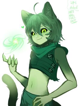 Rule 34 | 1girl, ahoge, alien, alternate form, animal ear fluff, animal ears, april fools, artist name, cat ears, cat girl, cat tail, commentary, cowboy shot, dungeon meshi, energy ball, english commentary, green eyes, green fur, green hair, highres, izutsumi, kimchunsik, midriff, navel, scarf, short hair, simple background, slit pupils, smile, solo, tail, white background
