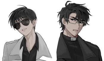Rule 34 | 2boys, anger vein, black coat, black eyes, black hair, clenched teeth, coat, glasses, head tilt, highres, keomikan, kim dokja, looking at another, male focus, multiple boys, omniscient reader's viewpoint, open clothes, open coat, popped collar, short hair, sunglasses, teeth, upper body, white coat, yoo joonghyuk
