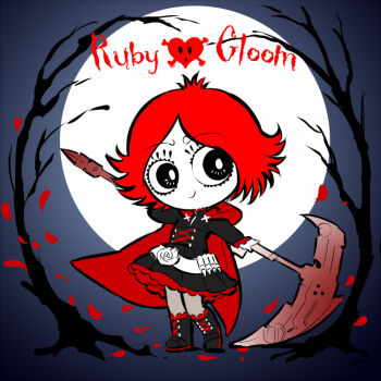 1girl cape cloak copyright_name cosplay english_text full_moon iesupa moon name_connection night night_sky red_cape red_hair ruby_gloom ruby_gloom_(character) ruby_rose ruby_rose_(cosplay) rwby scythe sky smile
