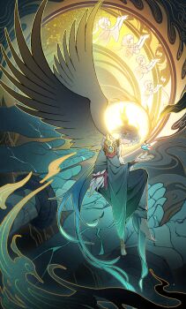1boy alternate_costume aqua_gemstone aqua_hair armor barefoot black_hair black_wings blood bloody_tears blue_fire chinese_commentary clear_water closed_eyes cracked_skin cupping_hands disembodied_hand feathered_wings fire from_side full_body fur_trim gem genshin_impact glowing gradient_hair green_fire green_robe head_wings highres knees_up male_focus multicolored_hair open_hand own_hands_together parted_bangs parted_lips profile red_sash robe sash short_hair shoulder_armor shoulder_spikes shrug_(clothing) silhouette solo spikes sun_symbol tassel two-tone_robe white_robe wings xiao_(genshin_impact)