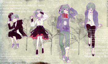 4girls aaniko age_progression anniversary arm_support arm_up asymmetrical_pants baseball_cap black_hat black_jacket black_pants black_shoes black_shorts black_sleeves cardigan child closed_mouth commentary_request concrete english_text flower green_hair green_pants green_shoes hair_between_eyes hand_in_pocket hand_on_own_head hand_up hat height_difference highres holding holding_unworn_clothes holding_unworn_hat hood hood_down hood_up hooded_jacket hoodie jacket kagerou_project kido_tsubomi layered_sleeves long_hair long_sleeves looking_at_viewer looking_down lying multicolored_shoes multiple_girls neck_ribbon on_back on_ground on_side one_eye_closed open_cardigan open_clothes open_jacket pants parted_lips print_hoodie purple_cardigan purple_eyes purple_hoodie purple_shoes red_ribbon ribbon shadow shirt shissou_word_(vocaloid) shoes short_hair shorts sitting sneakers song_name streetwear tomboy two-tone_shoes unworn_hat unworn_headwear white_shirt yellow_background