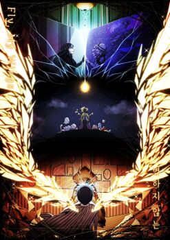 2boys 2girls alfonso_(project_moon) black_hair black_jacket brown_hair chain coat crack cracked_glass crow&#039;s_eye_view_(e.g.o) dongrang_(project_moon) e.g.o_(project_moon) eyeball flower fly_my_wings green_streaks grey_coat hat highres jacket korean_text limbus_company long_hair multicolored_hair multiple_boys multiple_girls project_moon spicebush_(e.g.o) streaked_hair suillus the_tearful_thing_(project_moon) very_long_hair white_hat wings yellow_flower yi_sang_(project_moon)