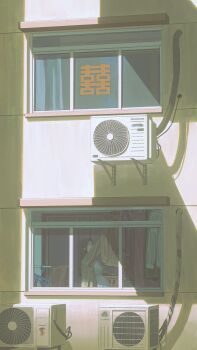 1girl absurdres apartment black_hair building clothes_hanger coat condenser_unit dress from_outside highres jiankun_yu laundry laundry_basket long_hair original pregnant scenery slice_of_life solo unworn_clothes wide_shot window
