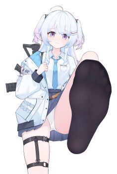 1girl absurdres ahoge ar-15 assault_rifle black_socks blue_necktie blue_skirt blush closed_mouth collared_shirt embarrassed eyelashes feet foot_focus foot_up foreshortening gradient_hair grey_hair gun hair_ornament hairclip hand_up high-waist_skirt highres jacket long_hair long_sleeves looking_at_viewer multicolored_hair necktie no_shoes okamoto_nagi open_clothes open_jacket panties pink_hair pleated_skirt purple_eyes rifle shirt short_sleeves simple_background skindentation skirt socks soles solo stepping thigh_strap thighs toe_seam toes two_side_up underwear virtual_youtuber vshojo weapon white_background white_jacket white_panties white_shirt wl217_(nicexa111)