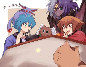 angel_wings aqua_hair blue_hair brown_eyes brown_hair commentary_request crystal_beast_ruby_carbuncle daitokuji demon_girl demon_horns demon_wings duel_monster eating facial_mark food green_eyes heterochromia highres horns japanese_clothes johan_andersen kimono kotatsu multicolored_hair new_year nmohh8 noodles orange_eyes pharaoh_(cat) table third_eye translation_request white_hair winged_kuriboh wings yu-gi-oh! yu-gi-oh!_gx yubel yuki_judai