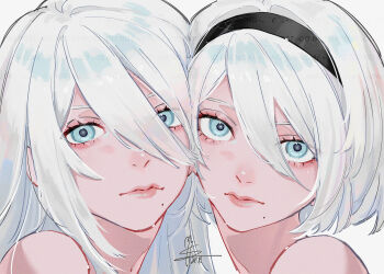 2b_(nier:automata) 2girls a2_(nier:automata) absurdres aegyo_sal black_hairband blue_eyes cheek-to-cheek commentary hair_between_eyes hairband heads_together highres long_hair long_hair_between_eyes look-alike looking_at_viewer mistxii mole mole_under_mouth multiple_girls nier:automata nier_(series) portrait short_hair simple_background white_background white_hair