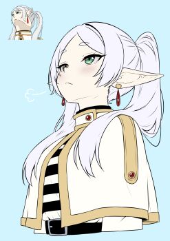 1girl absurdres belt black_belt blue_background blush capelet closed_mouth commentary earrings elf english_commentary frieren green_eyes grey_hair highres jewelry looking_up meme pointy_ears scrapy shirt simple_background solo sousou_no_frieren striped_clothes striped_shirt twintails upward_angle_frieren_drawing_(meme) white_capelet