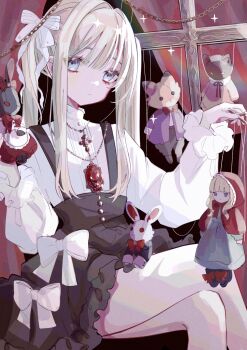 1girl black_background black_dress blue_eyes bow closed_mouth collar collared_shirt commentary_request control_bar crossed_legs doll dot_nose dress eyelashes eyes_visible_through_hair frilled_dress frilled_sleeves frills hair_between_eyes hair_ribbon hand_puppet hand_up highres holding holding_puppet light_frown long_hair long_sidelocks long_sleeves looking_to_the_side marionette mosaic_background nanamiya_ten original puppet puppet_strings puppeteering rabbit_puppet red_background ribbon ringed_eyes shirt sidelocks sitting skirt solo string stuffed_toy suspender_skirt suspenders twintails two-tone_background white_bow white_shirt white_sleeves