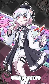 1girl :o beret black_choker black_dress black_hat black_shoes choker commentary dress flower gradient_hair hair_ornament hat hat_flower highres looking_at_viewer mahou_shoujo_no_majo_saiban mononobe_nekuro mosaic_pattern multicolored_hair nib_pen_(object) o-ring o-ring_thigh_strap pen pink_eyes pink_hair sakuraba_ema shirt shoes socks solo stained_glass tarot the_fool_(tarot) thigh_strap white_flower white_hair white_shirt white_socks x_hair_ornament