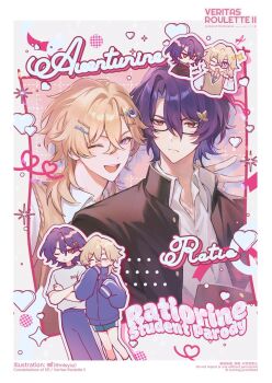 Rule 34 | 2boys, ;d, ^ ^, aqua shorts, artist name, aventurine (honkai: star rail), black-framed eyewear, black jacket, blonde hair, blue eyes, blue jacket, blue pants, blue shorts, blush, blush stickers, border, brown sweater vest, buttons, character name, chibi, closed eyes, closed mouth, collared shirt, commentary, commentary request, crossed arms, crossed bangs, dr. ratio (honkai: star rail), english commentary, english text, frown, gakuran, glasses, gym shirt, gym shorts, gym uniform, hair between eyes, hair ornament, hairclip, hand up, heart, highres, honkai: star rail, honkai (series), jacket, looking at viewer, male focus, mixed-language commentary, ml (sysynemuru), multicolored eyes, multiple boys, multiple views, one eye closed, open clothes, open jacket, open mouth, pants, parted bangs, purple eyes, purple hair, red eyes, school uniform, ship name, shirt, short hair, short shorts, short sleeves, shorts, smile, sparkle, sweater vest, t-shirt, teeth, track jacket, track pants, twitter username, two-tone eyes, upper body, upper teeth only, v, watermark, white border, white shirt, wing collar, x hair ornament