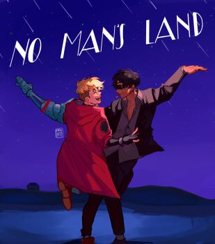 Rule 34 | 2boys, ^ ^, arm up, black gloves, black hair, black jacket, black pants, blonde hair, brown footwear, cigarette, closed eyes, closed mouth, coat, collared shirt, commentary, dancing, english commentary, english text, full body, gloves, grey shirt, highres, honeyatew, jacket, knee up, la la land, long sleeves, male focus, mouth hold, multiple boys, nicholas d. wolfwood, night, open mouth, outdoors, pants, partially fingerless gloves, partially unbuttoned, prosthesis, prosthetic arm, red coat, shirt, shoes, smile, standing, star (sky), sunglasses, trigun, trigun stampede, undercut, vash the stampede