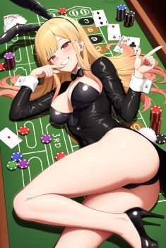 1girl absurdres ace_(playing_card) ace_of_clubs ace_of_diamonds ace_of_hearts animal_ear_hairband animal_ears ass balatro black_hairband blonde_hair blush bow bowtie breasts card casino_card_table cleavage club_(shape) commentary detached_collar diamond_(shape) fake_animal_ears hairband heart high_heels highres jack_(playing_card) jack_of_hearts jimbo_(balatro) joker_(playing_card) king_(playing_card) king_of_hearts_(playing_card) kitagawa_marin large_breasts long_hair looking_at_viewer lying mesh multicolored_hair pantyhose playboy_bunny playing_card pointing poker_chip queen_(playing_card) queen_of_hearts_(playing_card) rabbit_ear_hairband rabbit_ears rabbit_tail red_eyes smile solo sono_bisque_doll_wa_koi_wo_suru table tail tailcoat tailcoat_playboy_bunny ten_of_hearts thighs three_of_spades two-tone_hair two_of_hearts yisusjpl