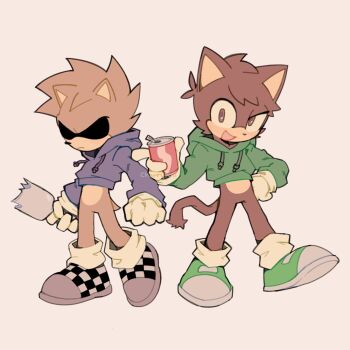 2boys animal_ears antenna_hair blue_hoodie bottle brown_eyes brown_fur brown_hair can cat_boy cat_ears cat_tail ch4rryr0ll checkered_shoes commentary drawstring edd_(eddsworld) eddsworld english_commentary furrification furry furry_male gloves green_hoodie green_shoes hedgehog_boy highres holding holding_bottle holding_can hollow_eyes hood hood_down hoodie long_sleeves looking_at_viewer male_focus multiple_boys open_mouth parody shoes short_hair short_tail simple_background smile sneakers sonic_(series) spiked_hair style_parody tail tom_(eddsworld) uneven_eyes white_background white_gloves