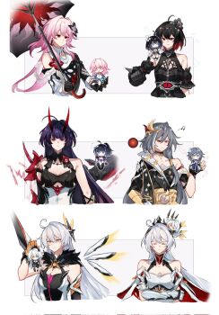 Rule 34 | 6+girls, ahoge, armor, armored dress, black dress, black hair, blue hair, breasts, chibi, chibi on shoulder, cleavage, crossed arms, dress, dual persona, evernight (honkai: star rail), fu hua, hair ornament, herrscher of sentience, highres, holding chibi, honkai: star rail, honkai (series), honkai impact 3rd, horns, kiana kaslana, kiana kaslana (herrscher of flamescion), kiana kaslana (herrscher of the void), kiana kaslana (void drifter), large breasts, long hair, march 7th (honkai: star rail), march 7th (preservation) (honkai: star rail), multicolored hair, multiple girls, pink hair, purple eyes, purple hair, raiden mei, raiden mei (herrscher of thunder), red eyes, red hair, red horns, seele vollerei, seele vollerei (stygian nymph), shiying no yao, short hair, textless version, two-tone hair, very long hair, white dress