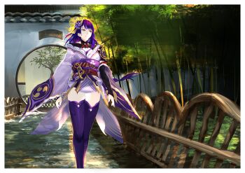 1girl architecture armor asymmetrical_sleeves blunt_bangs braid bridal_gauntlets closed_mouth clothing_cutout commentary df4d/dongfeng_4d east_asian_architecture genshin_impact hair_ornament japanese_clothes kimono long_braid looking_to_the_side mitsudomoe_(shape) mole mole_under_eye neck_ribbon off_shoulder outdoors purple_eyes purple_hair purple_kimono purple_thighhighs raiden_shogun red_ribbon red_sash ribbon sash scenery shade shoulder_armor shoulder_cutout single_braid solo standing thighhighs thighs tomoe_(symbol) uneven_sleeves upper_body wide_sleeves