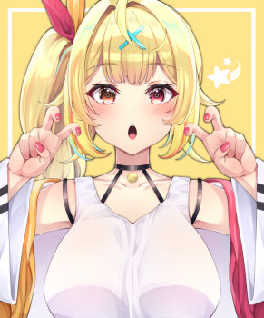 1girl blonde_hair blue_streaks blush breasts commentary_request hair_ornament heterochromia highres hoshikawa_sara hoshikawa_sara_(1st_costume) jacket large_breasts looking_at_viewer multicolored_hair nail_polish nijisanji open_mouth poohkawa_77 red_eyes red_nails red_streaks shirt side_ponytail sleeveless sleeveless_shirt solo star_(symbol) star_in_eye straight-on streaked_hair symbol_in_eye virtual_youtuber white_jacket white_shirt x_hair_ornament yellow_background yellow_eyes