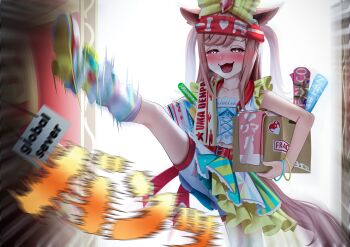 1girl absurdres agnes_digital_(full-color_fangirling)_(umamusume) agnes_digital_(umamusume) animal_ears asymmetrical_legwear belt blue_eyes blush book bow box bracelet breasts cardboard_box collarbone glowstick hair_bow headband highres himejoshi holding horse_ears horse_girl horse_tail jewelry kicking long_hair looking_at_viewer manjo_(warito) midriff multicolored_skirt navel open_mouth opening_door pink_hair poster_(object) red_belt red_headband shirt shoes shorts shorts_under_skirt single_thighhigh single_wrist_cuff skirt sleeveless smile socks solo standing standing_on_one_leg tail thighhighs two_side_up umamusume uneven_legwear white_shorts white_thighhighs wrist_cuffs yellow_bow