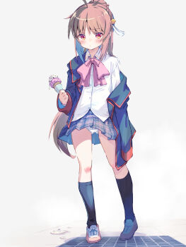 Rule 34 | 1girl, :/, ahoge, akayama yukihe, bell, black jacket, black socks, blush, bow, bowtie, brown hair, closed mouth, clothes lift, collared shirt, commentary, dress shirt, eyes visible through hair, food, footwear bow, frown, full body, hair bell, hair between eyes, hair ornament, hair ribbon, hand up, highres, holding, holding food, holding ice cream, holding ice cream cone, ice cream, ice cream cone, jacket, jingle bell, kneehighs, little busters!, little busters! school uniform, long hair, long sleeves, looking at viewer, natsume rin, open clothes, open jacket, panties, pantyshot, pink bow, pink bowtie, pink shoes, ponytail, red eyes, ribbon, school uniform, shirt, shoes, sidelocks, simple background, skirt, skirt lift, socks, solo, standing, thighs, underwear, very long hair, white background, white bow, white panties, white ribbon, white shirt
