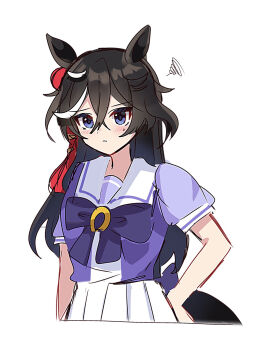 1girl animal_ears black_hair blue_eyes blush bow commentary_request cowboy_shot hair_between_eyes hair_down hair_ornament hand_on_own_hip highres horse_ears horse_girl horse_tail katsuragi_ace_(umamusume) long_hair pleated_skirt puffy_short_sleeves puffy_sleeves purple_bow purple_shirt sailor_collar school_uniform shiroiro_obake shirt short_sleeves simple_background skirt solo squiggle summer_uniform tail tassel tassel_hair_ornament tracen_school_uniform umamusume white_background white_skirt