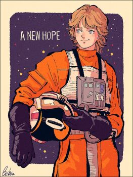 1boy animification artist_name bbo_sy belt black_gloves blonde_hair blue_eyes blush bodysuit border cable closed_mouth copyright_name gloves hand_up helmet holding holding_unworn_helmet looking_to_the_side luke_skywalker male_focus orange_bodysuit outside_border pocket purple_background short_hair smile solo standing star_wars star_wars:_a_new_hope unworn_headwear unworn_helmet vest white_belt white_border white_vest