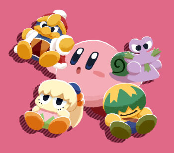 Rule 34 | 1boy, 1girl, :o, aruco co, blonde hair, blue eyes, blush stickers, bun (kirby), chibi, chibi only, commentary, commentary request, drop shadow, escargon, fumu (kirby), green hair, hair over eyes, hat, highres, king dedede, kirby, kirby: right back at ya!, kirby (series), long hair, nintendo, open mouth, partial commentary, pink background, red hat, short hair, simple background, snail