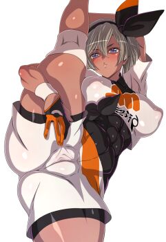 Rule 34 | 1girl, abs, ass, bea (pokemon), black bodysuit, black gloves, blush, bodysuit, bodysuit under clothes, breasts, cameltoe, commentary request, covered erect nipples, covered navel, cropped shirt, dark-skinned female, dark skin, gloves, grey eyes, grey hair, hairband, j.h., knee pads, large breasts, looking at viewer, nintendo, pokemon, pokemon swsh, shirt, short hair, short sleeves, shorts, single glove, solo, split, spread legs, standing, standing on one leg, standing split, thighs, toned, toned female, white shirt, white shorts, wristband