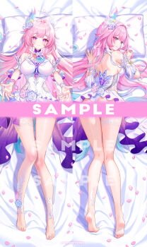 1girl absurdres bare_shoulders barefoot breasts closed_mouth commentary_request cyrene_(demiurge)_(honkai:_star_rail) cyrene_(honkai:_star_rail) dakimakura_(medium) dress flower from_behind hair_flower hair_ornament highres honkai:_star_rail honkai_(series) lalazyt long_hair looking_at_viewer lying on_back on_stomach panties pillow pink_hair purple_eyes reaching reaching_towards_viewer sample_watermark smile symbol-shaped_pupils underwear very_long_hair watermark white_dress white_panties