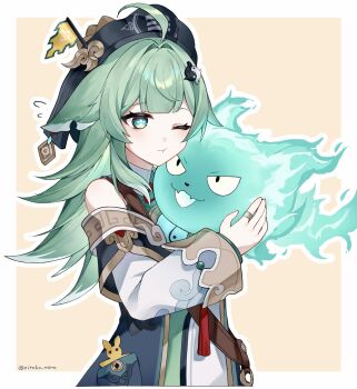 1girl animal_ears animal_nose artist_name bare_shoulders black_eyes black_hat blue_eyes border chinese_clothes closed_mouth collared_dress detached_sleeves dress fangs flying_sweatdrops fox_ears fox_girl fox_tail green_dress hair_ornament hands_up hat hat_ornament highres honkai:_star_rail honkai_(series) huohuo_(honkai:_star_rail) jewelry long_sleeves looking_at_another meandros neck_ribbon nirako_mona one_eye_closed open_mouth orange_background outside_border paw-shaped_pupils pocket red_ribbon ribbon ring simple_background sleeveless sleeveless_dress smile spirit standing symbol-shaped_pupils tail tail_(honkai:_star_rail) tassel v-shaped_eyebrows white_border white_sleeves wide_sleeves yin_yang_hair_ornament