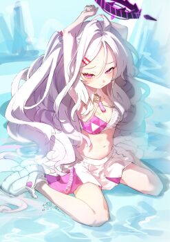 1girl absurdres arms_up blue_archive blush breasts cheerleader cleavage cosplay detached_sleeves hair_ornament hairclip halo hibiki_(blue_archive) highres hina_(blue_archive) long_hair looking_at_viewer midriff navel pleated_skirt purple_eyes rax1129 sitting skirt small_breasts sneaky solo very_long_hair wariza white_hair
