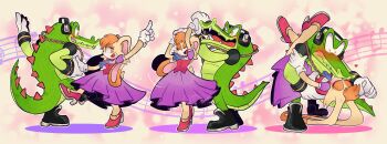 1boy 1girl black_boots blush boots breasts brown_eyes chain chain_necklace crocodile crocodile_boy crocodile_tail crocodilian cuff_links dancing dress earphones floppy_ears furry furry_female gloves hair_between_eyes high_heels highres jewelry kiss leg_lock medium_breasts multiple_views music musical_note necklace nervous rabbit rabbit_ears rabbit_girl rabbit_tail sega simple_background sonic_(series) tail twirl vanilla_the_rabbit vector_the_crocodile very_long_ears white_gloves yellow_eyes