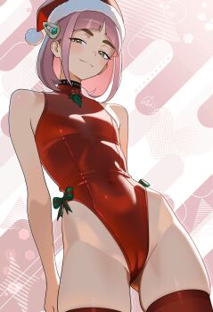 1girl absurdres artist_name black_choker breasts cameltoe choker hair_ornament hat highleg highleg_leotard highres lacey_(pokemon) leotard looking_at_viewer mistletoe nintendo otokakoto pink_hair pokemon pokemon_sv red_leotard red_thighhighs santa_hat short_hair small_breasts solo thighhighs yellow_eyes
