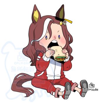 Rule 34 | 1girl, animal ears, blue eyes, blush, brown hair, burrito, commentary request, daring heart (umamusume), ear covers, full body, horse ears, horse girl, horse tail, jacket, long sleeves, medium hair, multicolored hair, multicolored jacket, onikobe rin, open mouth, pants, red jacket, red pants, red shoes, shoes, simple background, single ear cover, socks, solid oval eyes, solo, streaked hair, tail, tracen training uniform, two-tone jacket, umamusume, watermark, white background, white hair, white jacket, white socks