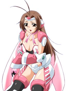 1girl antenna_hair armor bikini_armor black_thighhighs boots breasts brown_eyes brown_hair choker circlet cleavage collarbone cowboy_shot detached_sleeves elbow_gloves game_cg gan-chan_(artist) gloves hitozuma_sentai_aisaiger holding_own_arm large_breasts large_variant_set long_hair magical_girl neck_ribbon non-web_source official_art open_mouth ousaka_hikari pink_ribbon ribbon ribbon_choker saiger_cherry shoulder_armor solo standing tears thigh_boots thighhighs transparent_background underwear variant_set wings