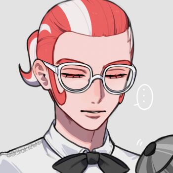 ... 1boy absurdres black_bow black_bowtie bow bowtie closed_eyes commentary_request gerokizoku glasses grisham_(pokemon) hair_pulled_back highres lower_eyelashes_only male_focus multicolored_hair nintendo parted_lips pokemon pokemon_legends:_z-a portrait red_hair shirt sideburns solo spoken_ellipsis twitter_username two-tone_hair white-framed_eyewear white_hair white_shirt