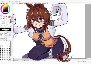 1girl agnes_tachyon_(tach-nology)_(umamusume) agnes_tachyon_(umamusume) ahoge animal_ears art_program_in_frame black_necktie black_pantyhose blush breasts brown_hair chemical_structure closed_mouth coat commentary earrings english_commentary hair_between_eyes highres horse_ears horse_girl horse_tail jewelry kujennart lab_coat long_sleeves looking_at_viewer medium_breasts medium_hair necktie pantyhose red_eyes shirt short_necktie single_earring sleeves_past_fingers sleeves_past_wrists smile solo sweater sweater_vest tail test_tube umamusume user_interface white_coat wolf_cut yellow_sweater yellow_sweater_vest