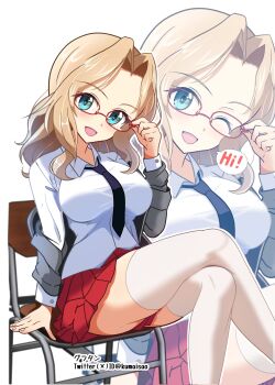 1girl ass blonde_hair blue_eyes blush breasts girls_und_panzer glasses gratin_(kumaisao) kay_(girls_und_panzer) large_breasts long_hair looking_at_viewer miniskirt multiple_views one_eye_closed open_mouth saunders_school_uniform school_uniform skirt smile thighhighs white_thighhighs wink