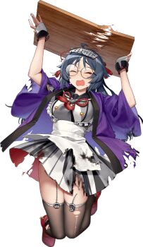 1girl akasaka_yuzu apron black_hair black_thighhighs broken_tray closed_eyes dress fingerless_gloves full_body glasses gloves happi headgear heian_maru_(kancolle) heian_maru_(saury_festival)_(kancolle) holding holding_tray japanese_clothes kantai_collection long_hair official_alternate_costume official_art open_mouth purple_happi red_shoes shoes solo thighhighs torn_apron torn_clothes torn_dress torn_happi torn_thighhighs transparent_background tray white_apron white_gloves