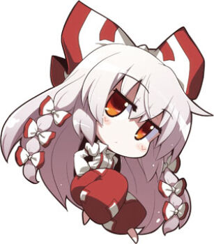 1girl akaneya blush bow chibi dress_shirt female_focus fujiwara_no_mokou full_body hair_bow hands_in_pockets jitome long_hair lowres pants shirt simple_background solo suspenders touhou very_long_hair white_background white_hair