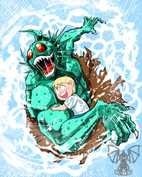 Rule 34 | 2boys, abs, atlantis (kinnikuman), biceps, boston age, carrying, carrying person, highres, hug, kinnikuman, looking ahead, multiple boys, muscular, outdoors, pectorals, sharp teeth, short hair, sitting, smile, swimming, teeth, water