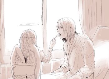 029tintin 2boys angel angel_devil_(chainsaw_man) angel_wings bed chainsaw_man commentary_request feeding hair_undone halo hayakawa_aki heco_inu hospital_bed hospital_gown long_hair male_focus monochrome multiple_boys on_bed sitting wings yaoi