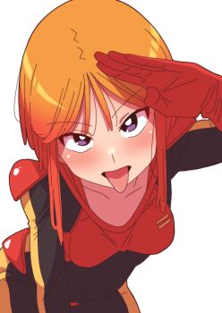 1girl absurdres boots breasts covered_navel cowboy_shot from_above gloves gundam gundam_zz highres light_blush looking_at_viewer mecha_pilot_suit military_uniform neo_zeon normal_suit_(gundam) onimaru_(onimal7802) orange_hair puru_two red_boots red_gloves salute science_fiction short_hair small_breasts solo tongue tongue_out