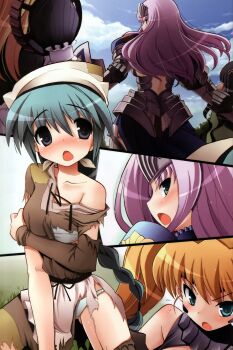 10s absurdres annelotte armor blonde_hair blue_eyes blush bra braid cloud collarbone elina_(queen&#039;s_blade) highres huge_filesize long_hair looking_back mirim multiple_girls off_shoulder open_mouth panties queen&#039;s_blade queen&#039;s_blade_rebellion split_screen torn_clothes tsurugi_hagane twintails underwear vingt yuit_(queen&#039;s_blade)