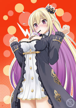 1girl absurdres black_coat blonde_hair breasts bubble_tea bubble_tea_challenge cleavage coat colored_inner_animal_ears commission crown dress highres large_breasts long_hair long_sleeves looking_at_object nao_suke original pointy_ears purple_eyes purple_hair red_background red_eyes simple_background skeb_commission solo white_dress