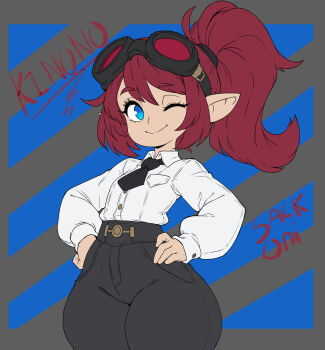 1girl artist_name black_necktie black_pants blue_eyes character_name closed_mouth commission final_fantasy final_fantasy_xiv flat_chest goggles goggles_on_head hair_between_eyes hair_tie hands_on_own_hips highres lalafell looking_to_the_side medium_hair necktie one_eye_closed pants pointy_ears ponytail red_hair sackoni shirt smile solo warrior_of_light_(ff14) white_shirt wide_hips